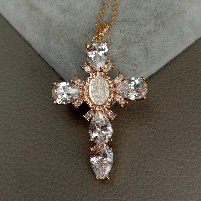 Sterling Silver Shell Pearl Cubic Zirconia Necklace Virgin Mary Cross Pendant for Women