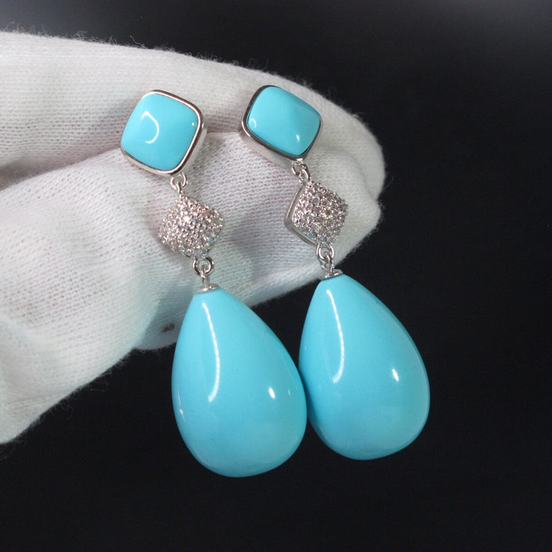 925 Silver Natural Gemstone Tear Drop Earrings for Women with Pink Quartz, Pearl, Blue Turquoise, Aquamarine, Red Black Agate