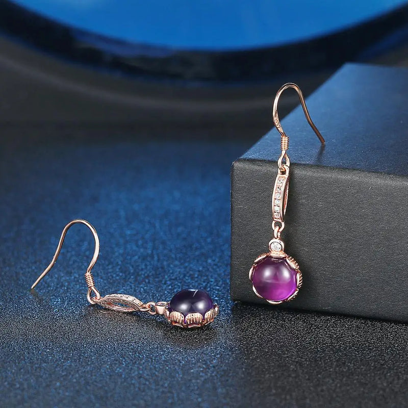 925 Sterling Silver Rose Gold Plated Amethyst Drop Earrings for Women