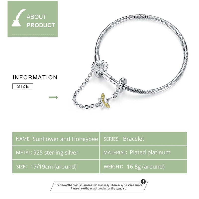 925 Sterling Silver Snake Charm Bracelet with Sunflower Safety Chain for Her