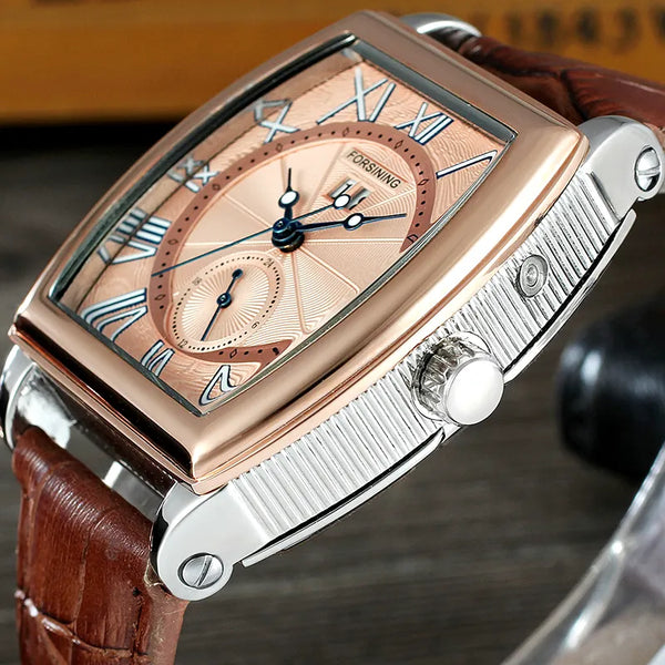 Stainless Steel Leather Square Automatic Mechanical Watch for Men