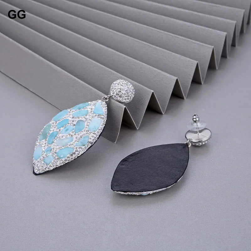 Sterling Silver Natural Blue Larimar Stone Rhinestone Dangle Stud Earrings for Women