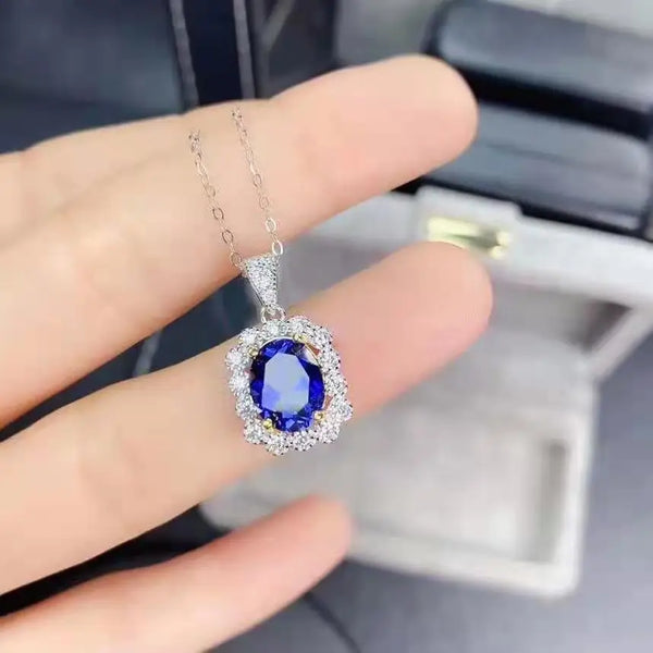 S925 Sterling Silver Natural Sapphire Ring Pendant Necklace Earring Set for Women