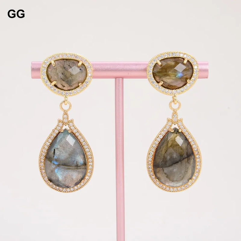 Gold Plated Labradorite CZ Stud Earrings for Women