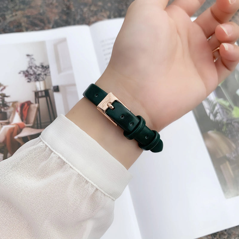 Slim, Green Rectangle Luxury Watch for Women: Quartz Movement, Waterproof, Leather Strap.