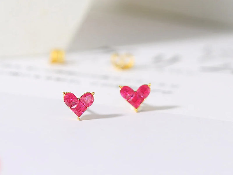 925 Sterling Silver Synthetic Corundum Heart Stud Earrings for Women