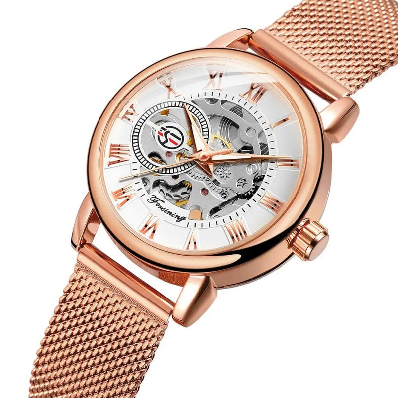 Rose Gold Stainless Steel Skeleton Mechanical Hand Wind Watch for Women