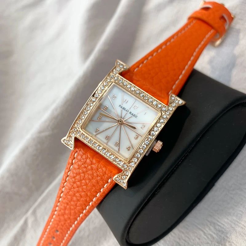 Luxury Diamond Women's Wristwatch with Leather Band and Orange Jewelry Details