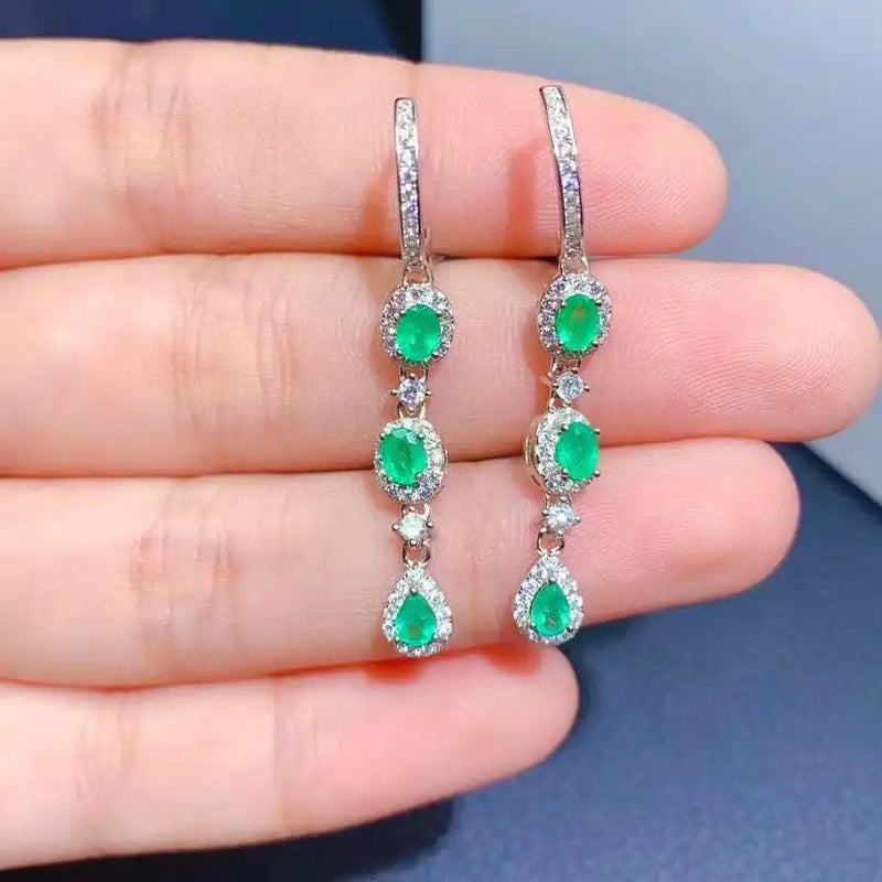 Sterling Silver Emerald Drop Earrings for Women.