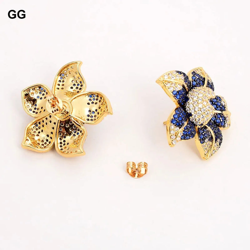 Yellow Gold Plated White Pearl Blue CZ Flower Earrings for Women