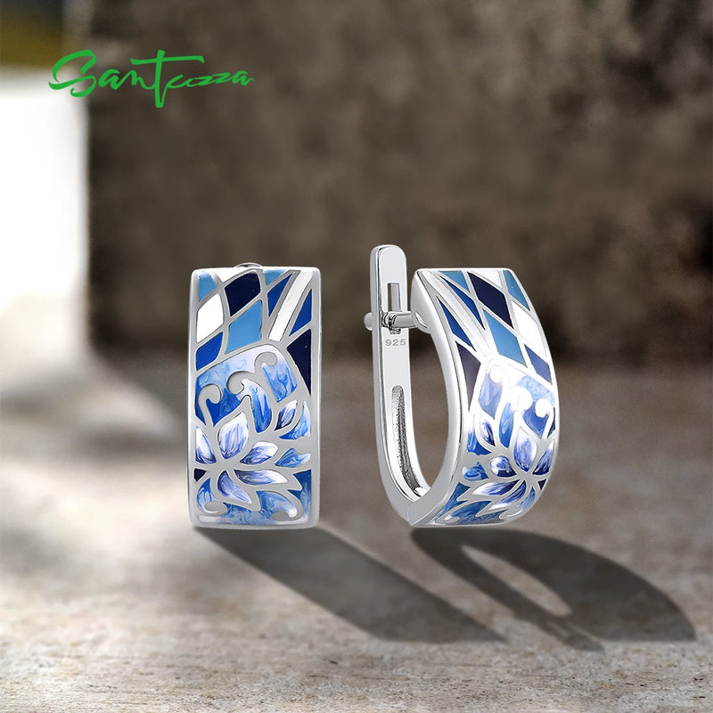 Sterling Silver Blue Flower Enamel Earrings for Women