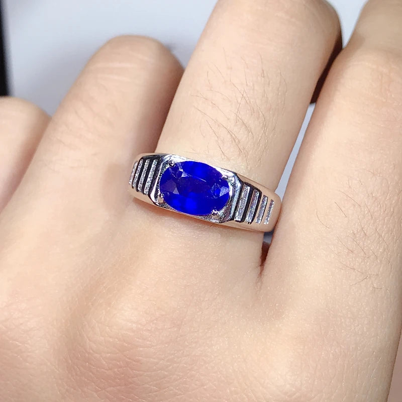 925 Pure Silver 2 Carat Natural Sapphire Ring with Super Atmosphere for Men