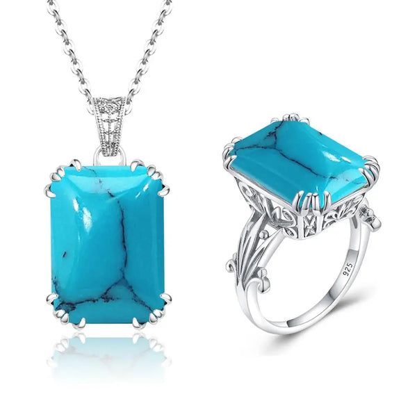 Sterling Silver Turquoise Pendant and Ring Set for Women