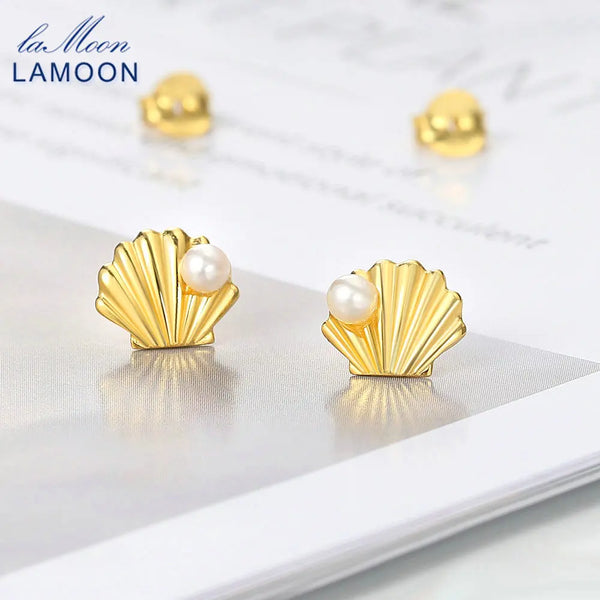 925 Silver 14K Gold Plated Freshwater Pearl Shell Stud Earrings for Women