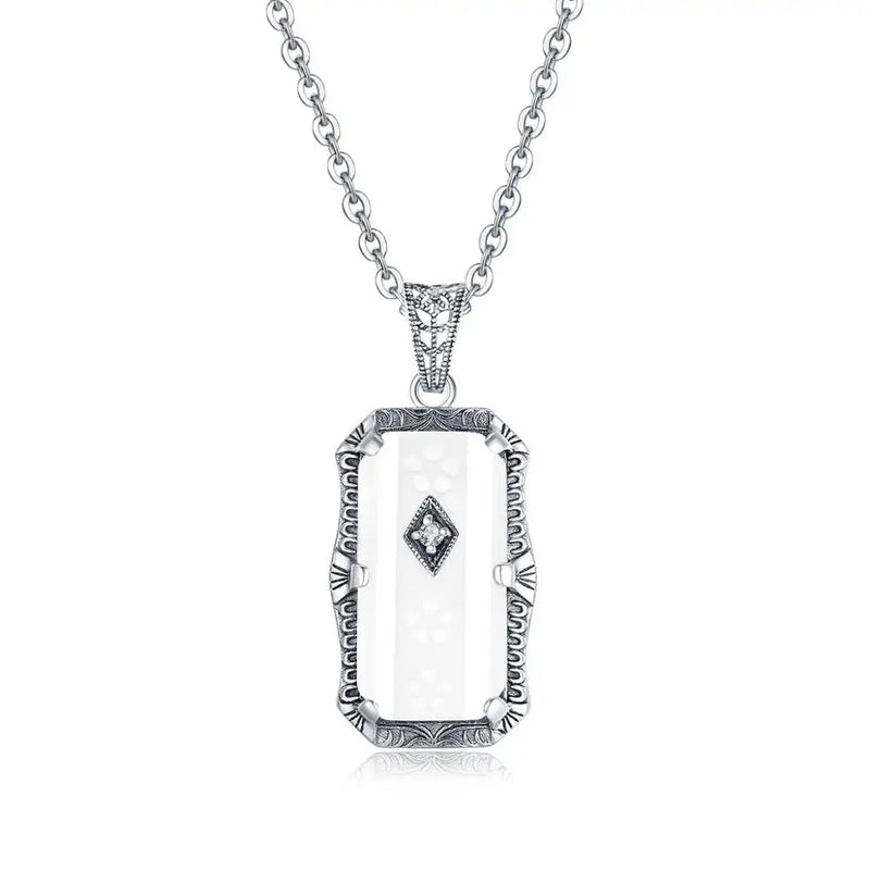 925 Sterling Silver White Agate Pendant Necklace for Women