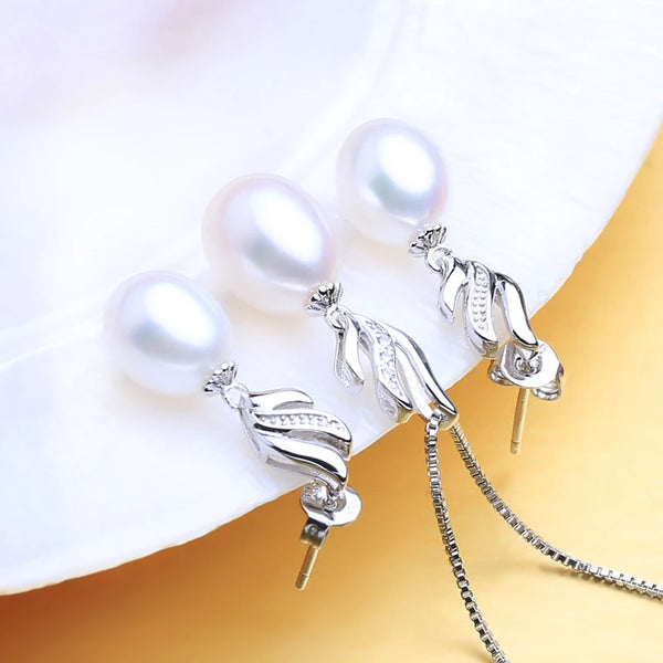 925 Sterling Silver Natural Pearl Pendant Necklace with Crystal Earrings Set for Women