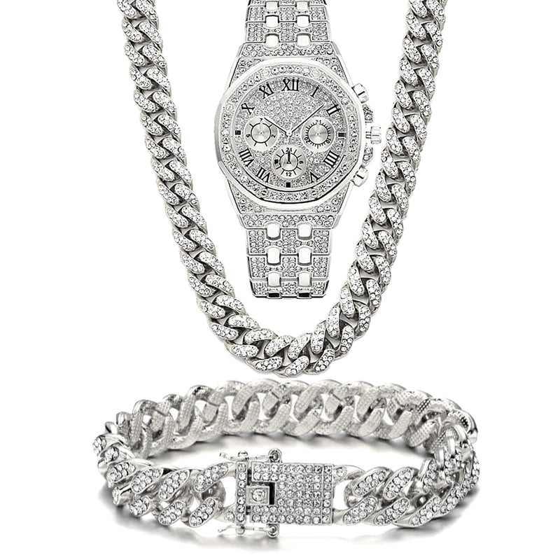 Gold Iced Out CZ Watch with Cuban Chain Necklace Set for Men Women