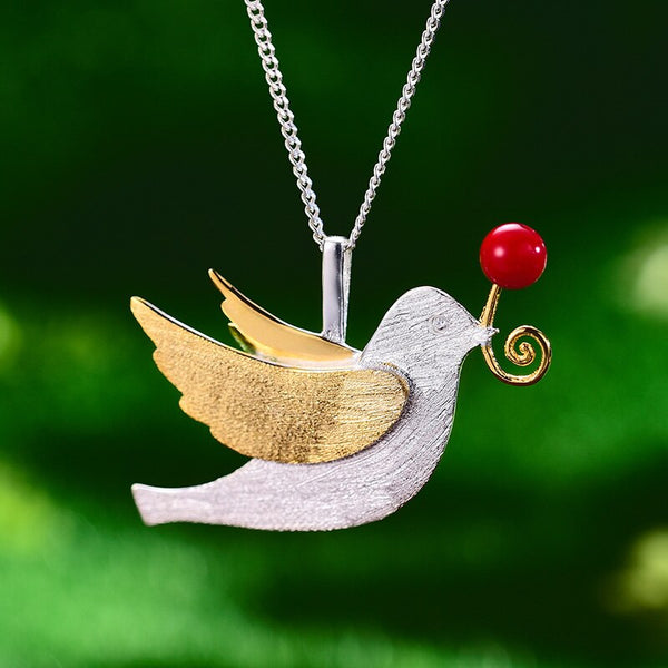 925 Sterling Silver Flying Pigeon with Fruits Pendant for Women