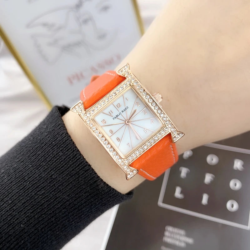 Luxury Diamond Women's Wristwatch with Leather Band and Orange Jewelry Details