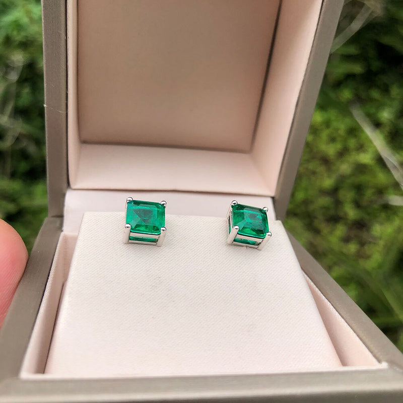 Sterling Silver Emerald Cut Emerald Earrings for Women