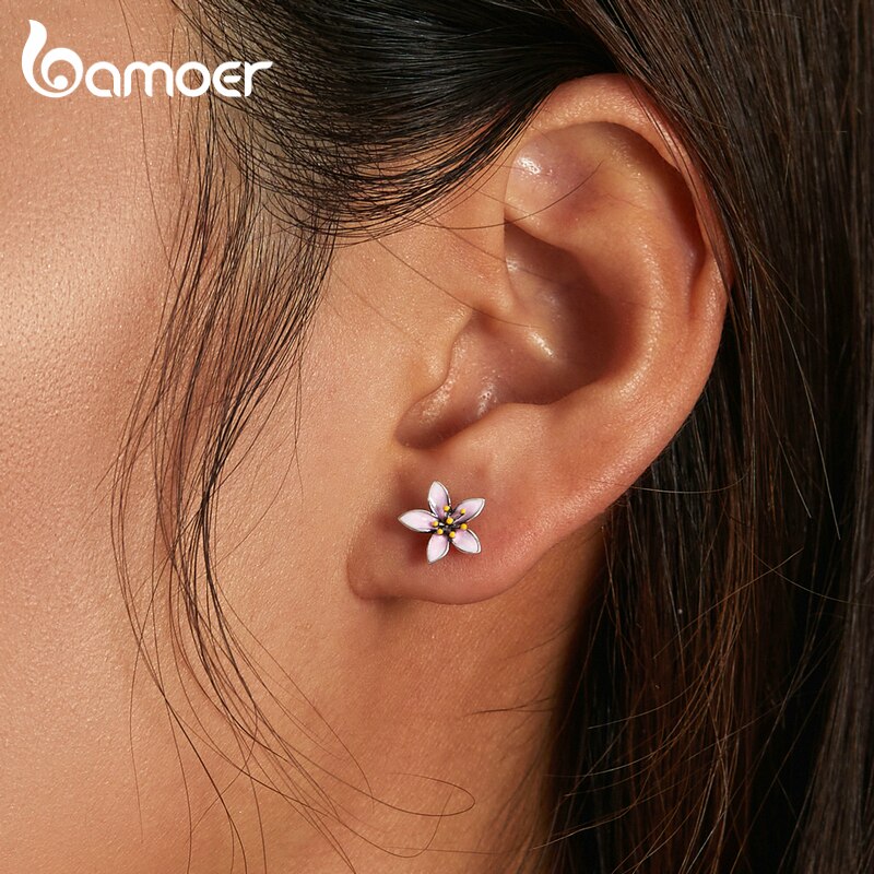 925 Sterling Silver Enamel Pink Cherry Blossom Stud Earrings for Women