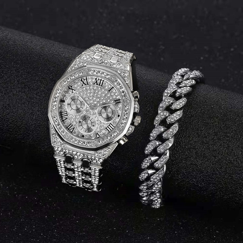 Gold Iced Out CZ Watch with Cuban Chain Necklace Set for Men Women