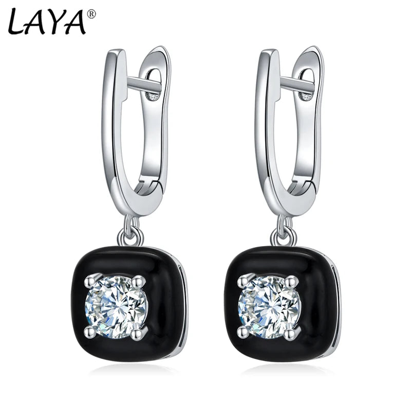 925 Sterling Silver Zircon Earrings with Enamel - White/Black for Women