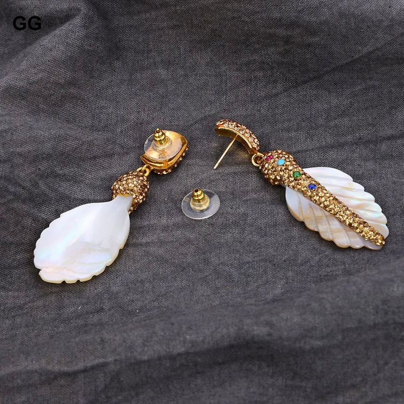 Yellow Gold Plated White Shell Feather CZ Paved Dangle Stud Earrings for Women