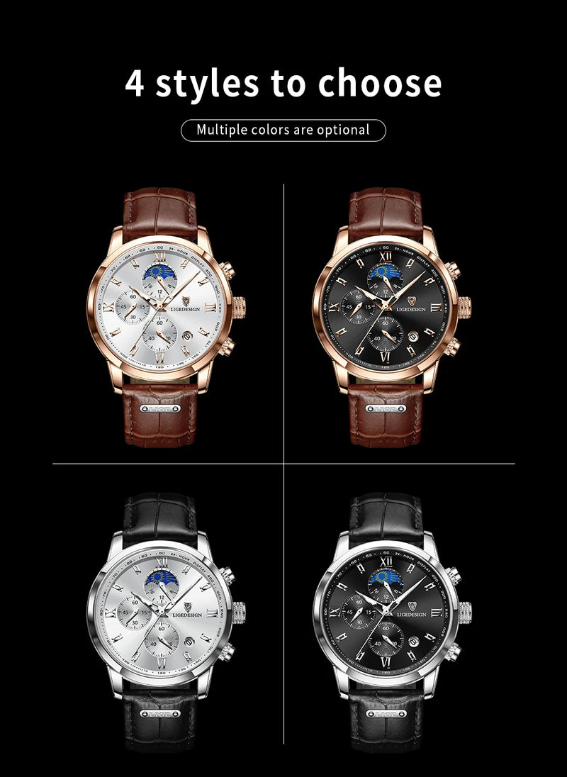 Luxury Men's Fashion Watch with Leather Strap and Waterproof Chronograph Features