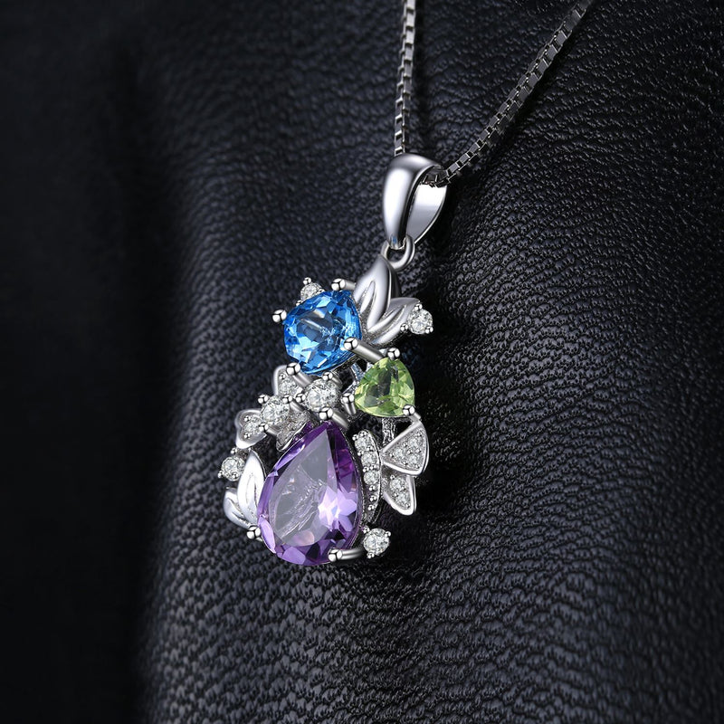 925 Sterling Silver Amethyst Blue Topaz Peridot Chrome Diopside Flower Pendant for Women