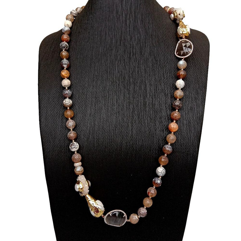 Y.YING Brown Round Faceted Agate White Quartz Crystal Cultured Pearl Long Necklace 34\"