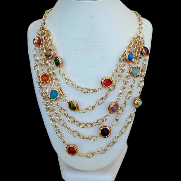 YYING punk 5 Strand Multi Color Cats Eye Gold color Plated Chain Layers Necklace 19\"