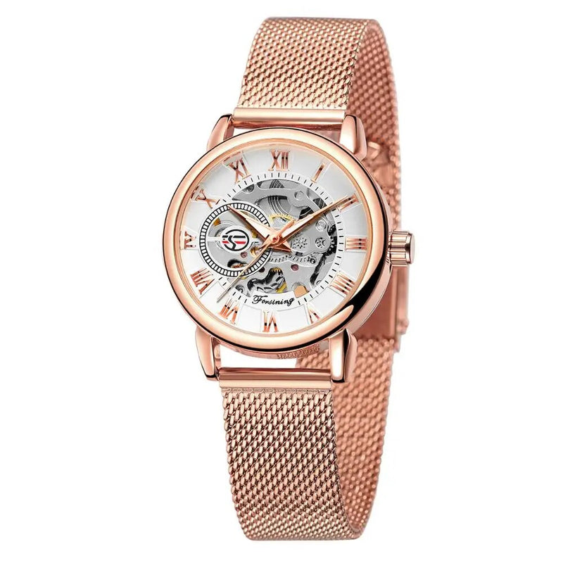 Rose Gold Stainless Steel Skeleton Mechanical Hand Wind Watch for Women