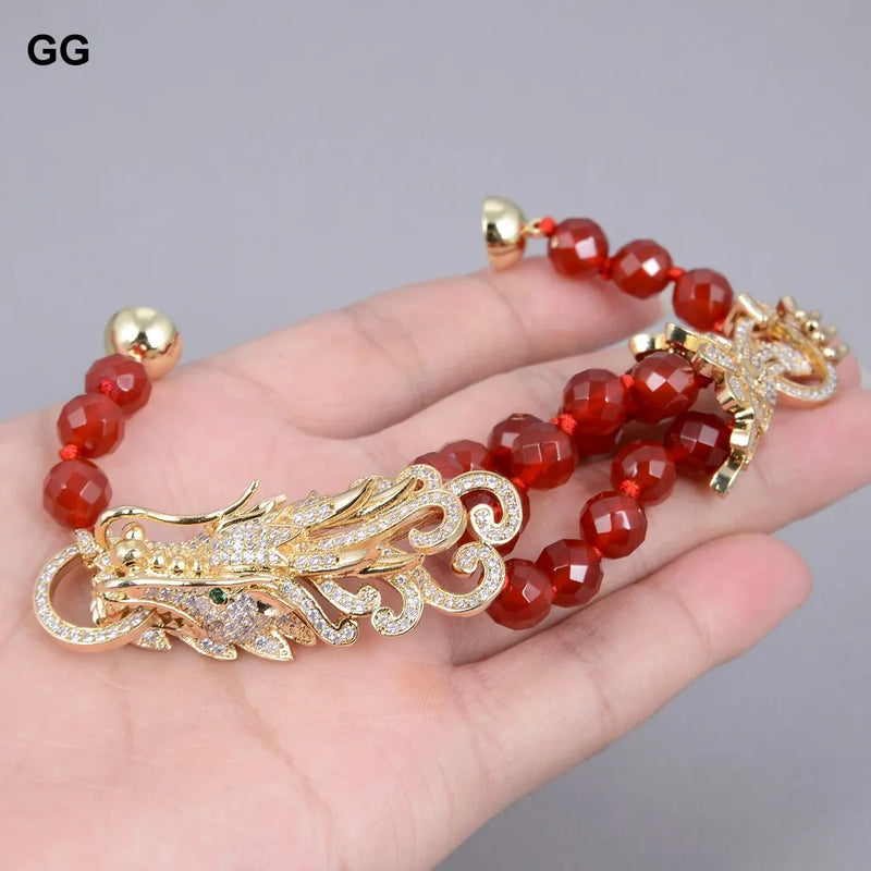 Sterling Silver 8mm Red Carnelian & CZ Dragon Connector Bracelet for Women