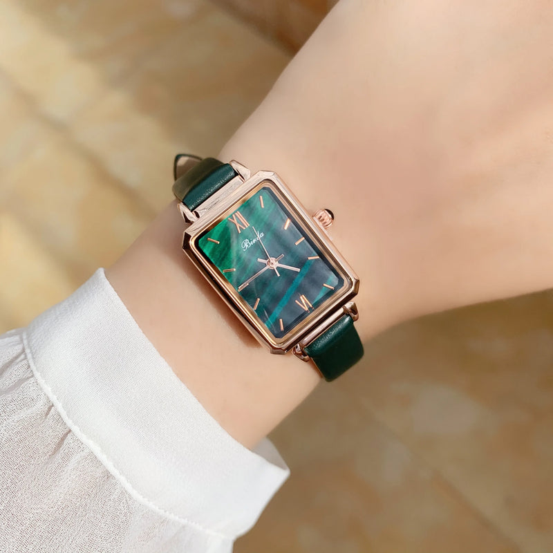 Slim, Green Rectangle Luxury Watch for Women: Quartz Movement, Waterproof, Leather Strap.