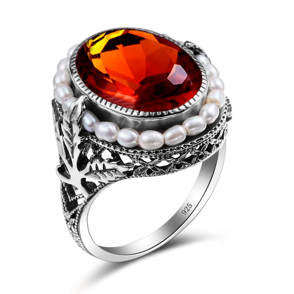 Silver 925 Fresh Water Pearl Ring with Amber, Oval Shape for Women