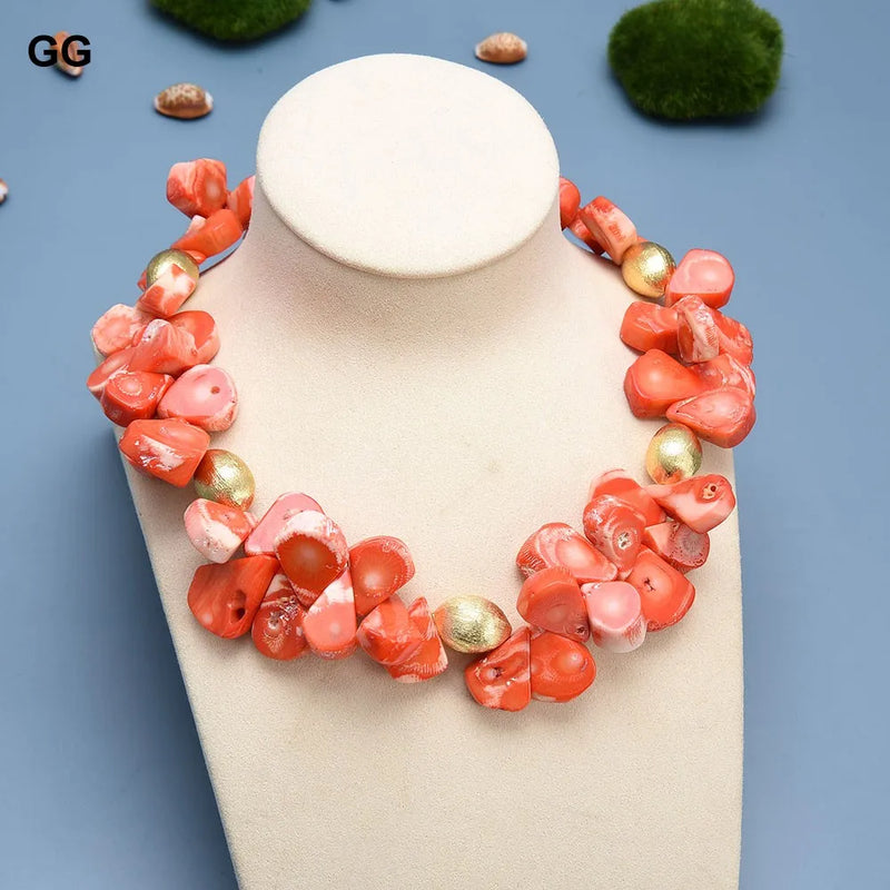 Gold-Plated Teardrop Orange Coral Beads Choker Necklace for Women