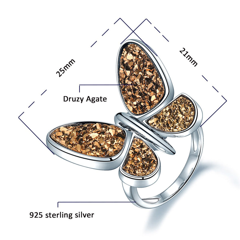 Sterling Silver Druzy Agate Butterfly Rings for Women