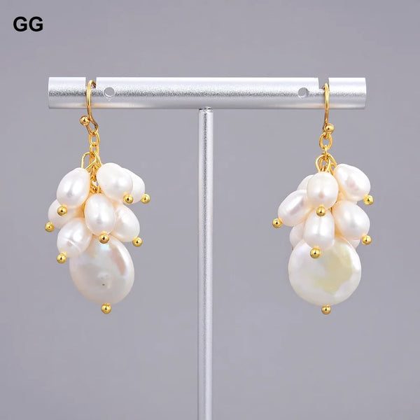 Natural White Rice Pearl Dangle Hook Earrings for Women