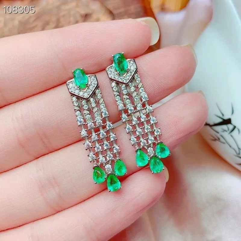 925 Sterling Silver Green Gemstone Created Emerald Dangle Earrings Ring for Women