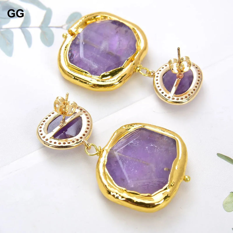 Gold Plated Amethyst and CZ Drop Stud Earrings for Women