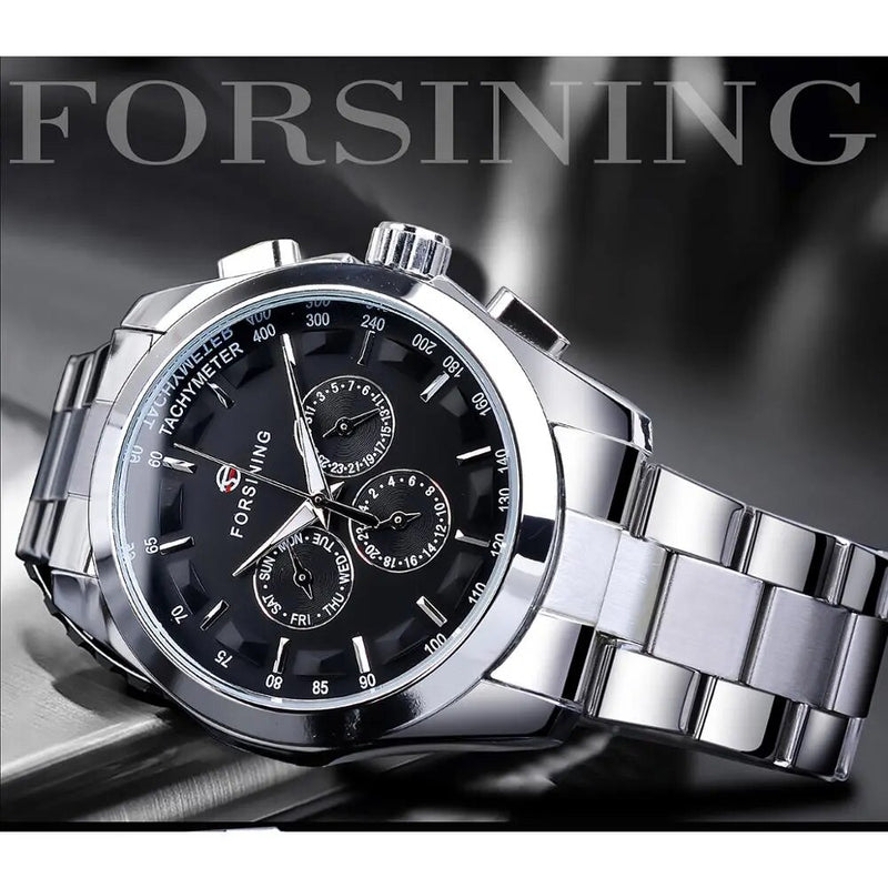 Steel Automatic Watch Black Dial with Calendar & Luminous Hands for Men