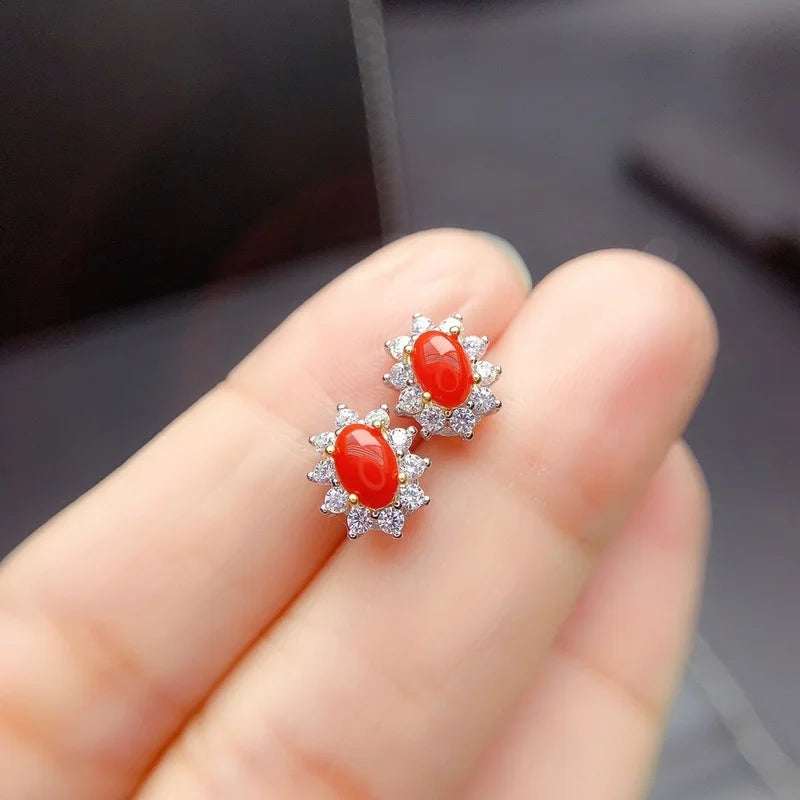 925 Sterling Silver Natural Red Coral Stud Earrings for Women