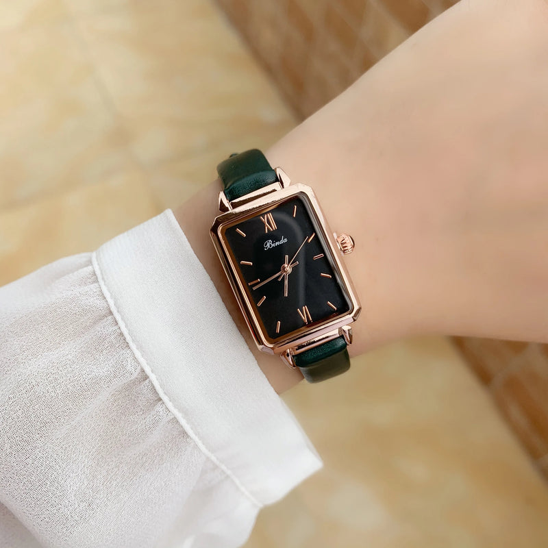 Slim, Green Rectangle Luxury Watch for Women: Quartz Movement, Waterproof, Leather Strap.