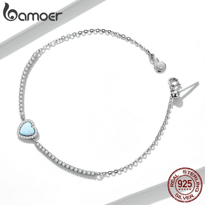 Sterling Silver Opal Heart Pendant Bracelet for Women