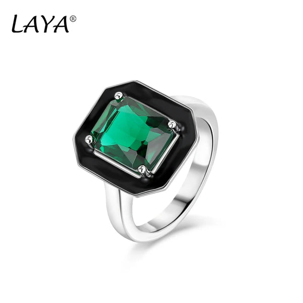 Sterling Silver Synthetic Green Crystal Black Enamel Square Ring for Women