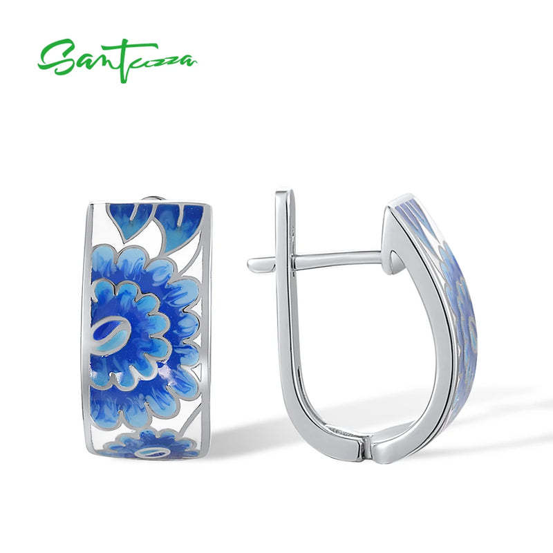 Sterling Silver Blue Enamel Flower Leaf Earrings For Women