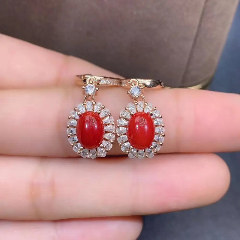 925 Sterling Silver Natural Red Coral Jewelry Set for Women