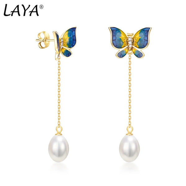 Sterling Silver Freshwater Pearl Colorful Enamel Butterfly Drop Earrings for Women