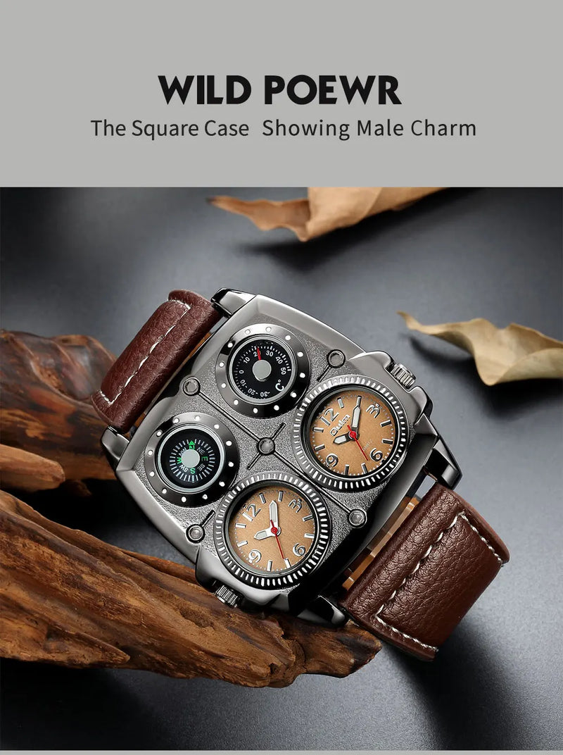 Luxury Two Time Zone Sports Watch with Leather Strap and Big Dial for Men - Military Style Quartz Movement